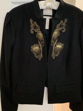 BANANA REPUBLIC Deep Black Wool Jacket with Gold Embroidery, Size 14